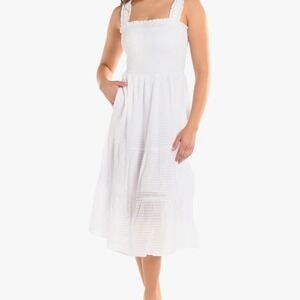 La Blanca Shadow Stripe White Smocked Tiered Midi Dress Ruffle Straps Small